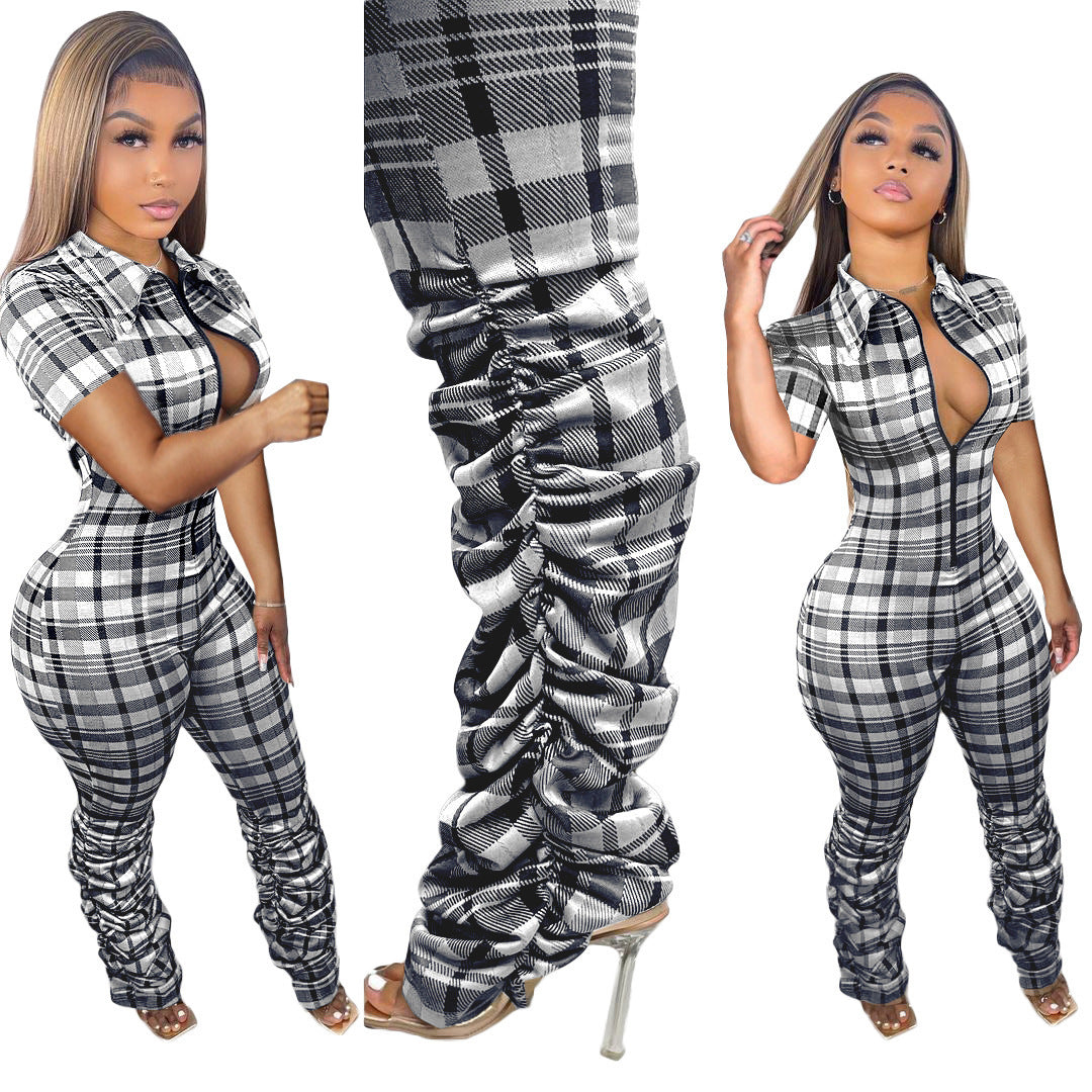 Check Print Slim Fit Crinkled Zip Short Sleeve Jumpsuit