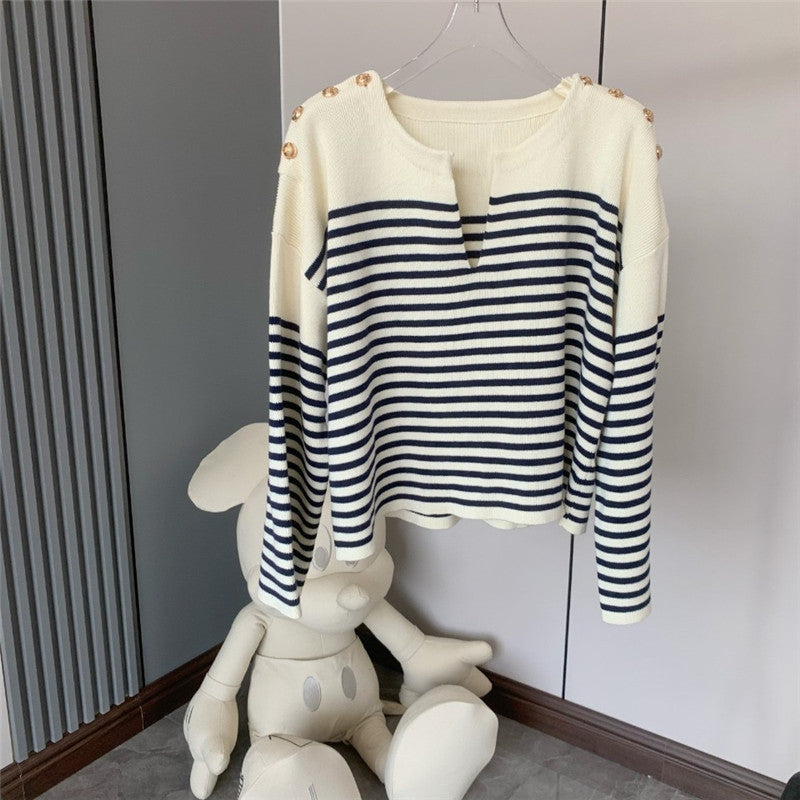 Nouveau Pull à col en v pour femmes, bouton d'épaule en tricot à rayures amples