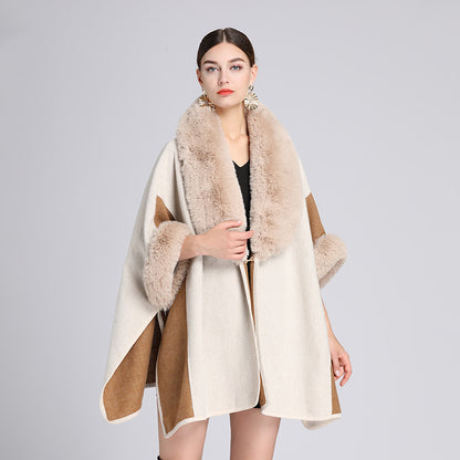 Imitation Rex Rabbit Fur Collar Cape And Shawl Women's Plus Size Loose Woolen Coat