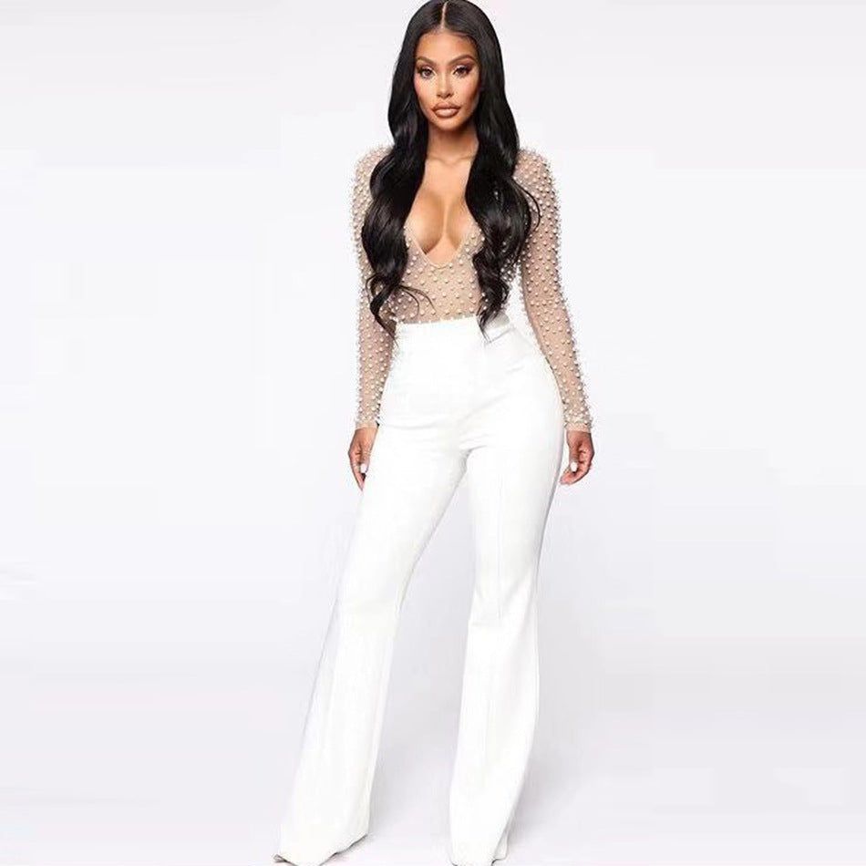 V-Neck Mesh Beaded Pearl Jumpsuit Women's Bodysuit