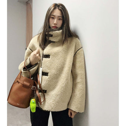 Lamb Wool Loose Stand Collar Long Sleeve