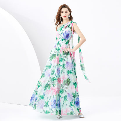 Sleeveless Ribbon Wide Hem Printed Dress