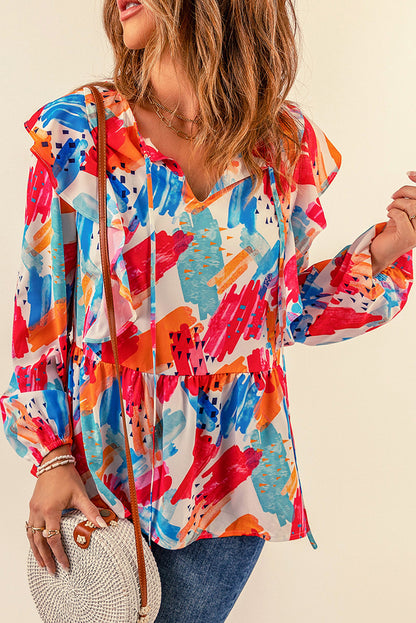 Blusa con cuello anudado y volantes Brush Stroke