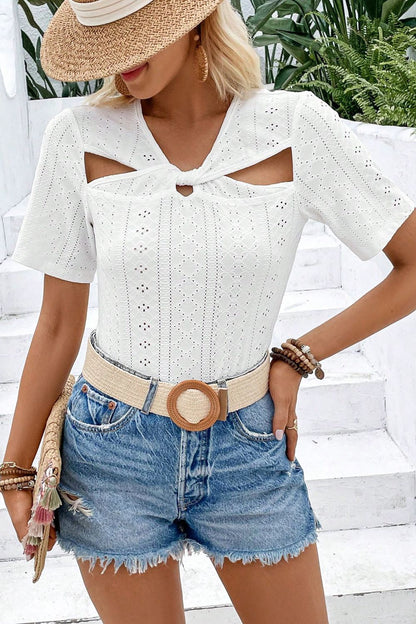 Twisted Front Short Sleeve Eyelet Blouse