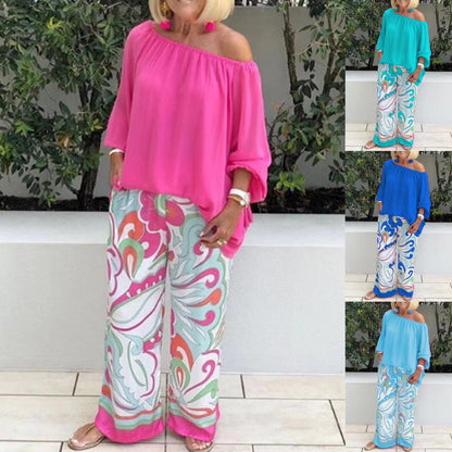 Women's Clothing Printed Pants Off-shoulder Top Casual Suit