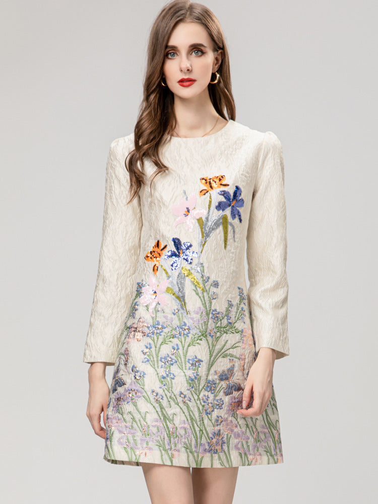 Heavy Embroidery Sequins Fashion Narcissus Jacquard Printed Long Sleeve Short Dress