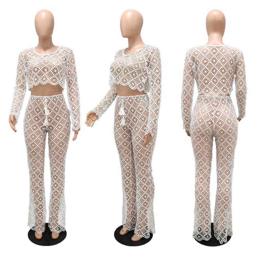 O-neck Short Top Bell-bottom Pants Lace Suit Without Lining