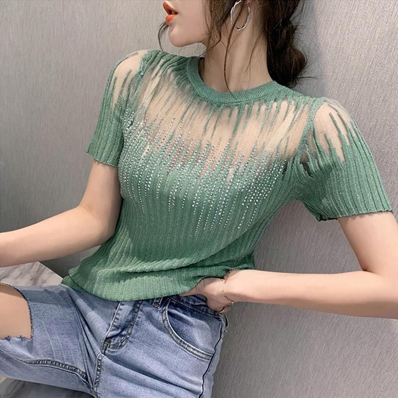 All-match Ice Silk Knitted Mesh Hollow Lace Top