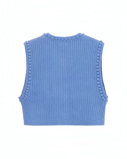 Blue Crewneck Knitted Cardigan Vest Short Style Vest