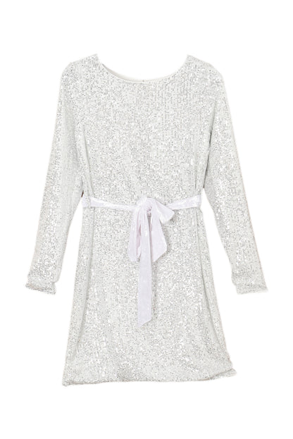 Mini-robe argentée à sequins, manches longues, nouée à la taille