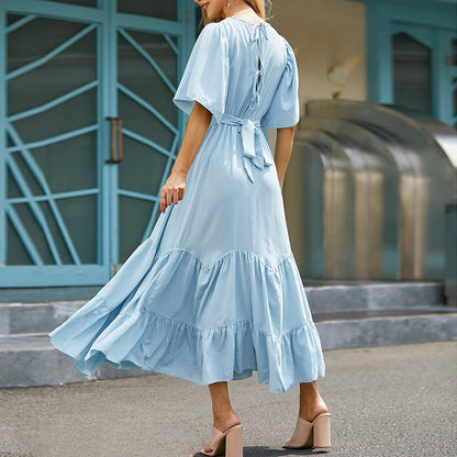 Vestido de manga con volantes delgado con cuello en V a la moda para mujer