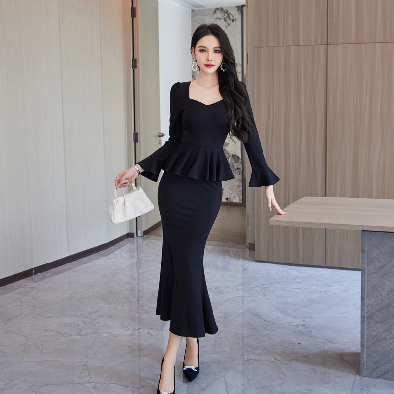 Elegant High-end Ruffled Waist Professional Slim Fit Long Sleeve Square-neck Black Dress