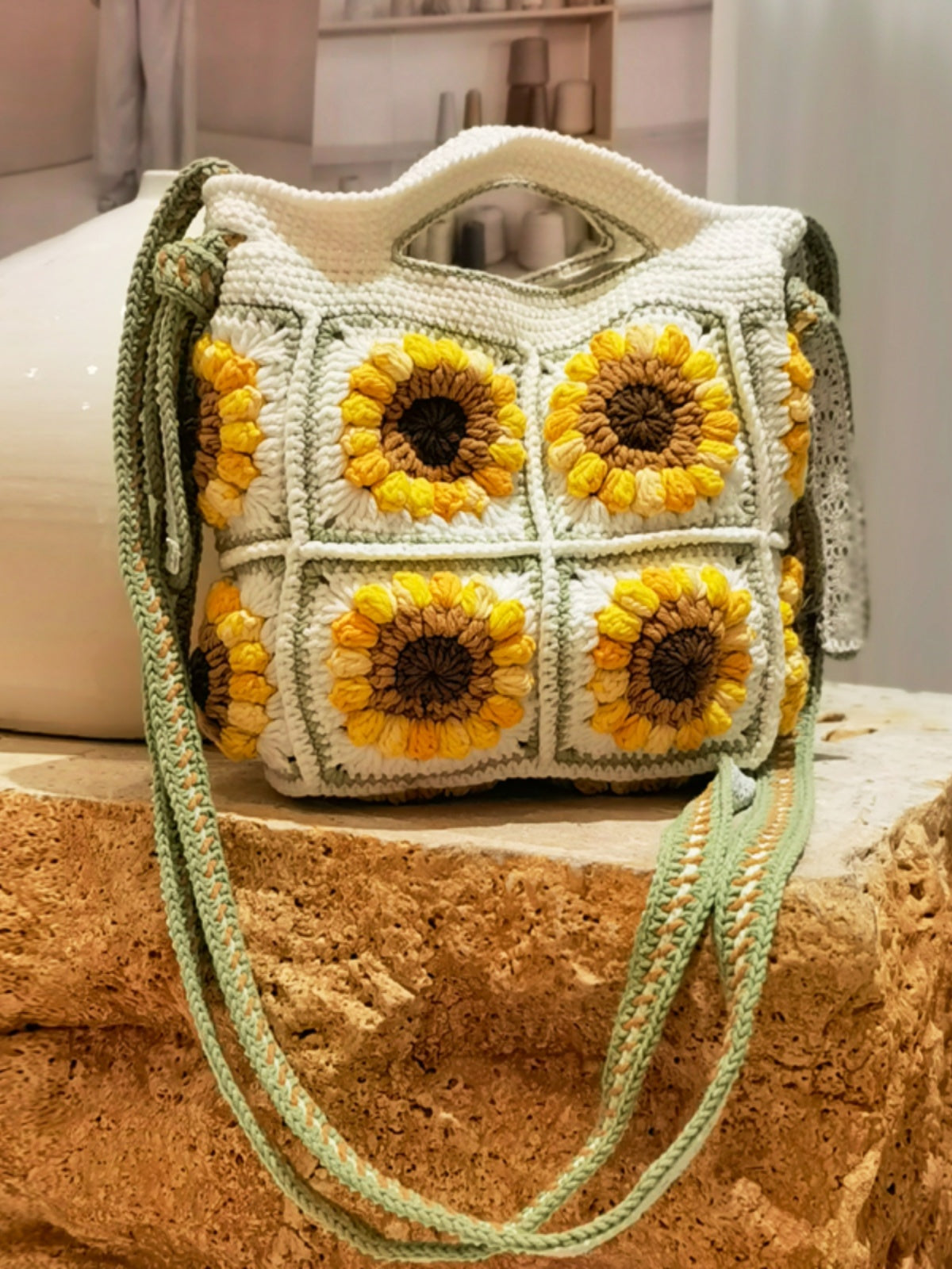 Bolso bandolera de lana de ganchillo para mujer, de doble uso, tejido a mano con girasoles