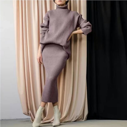 Fashionable Turtleneck Warm Pullover Two-piece Set For Women