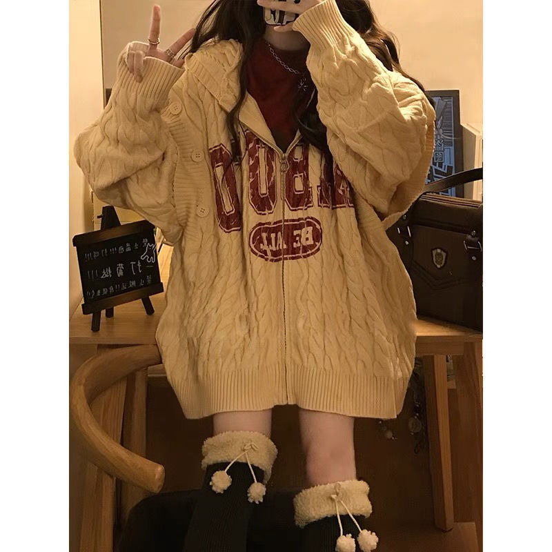 American-style Retro Soft Glutinous Hooded Knitted Coat For Women