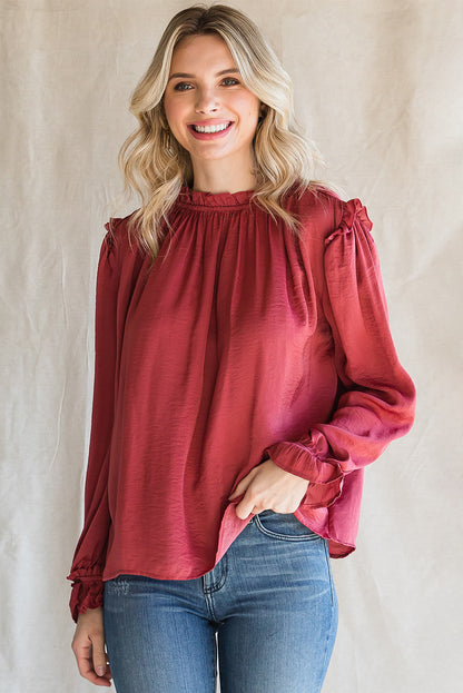 Frilled Neck Long Flounce Sleeve Blouse