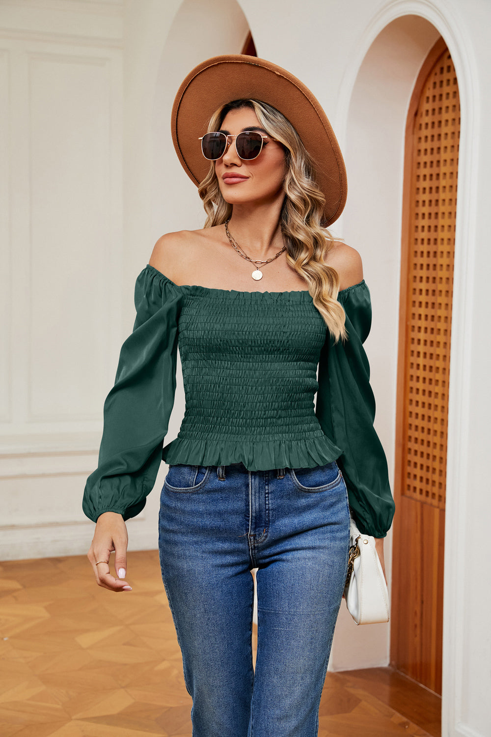 Smocked Off-Shoulder Ruffle Hem Blouse