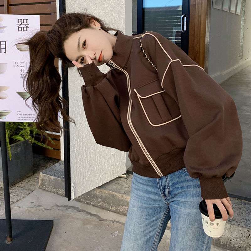 Pocket Stand-up Collar Baseball Jacket For Women