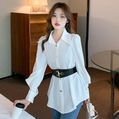 New Spring Elegant Long Sleeve Blouse Metal Buckle With Belt