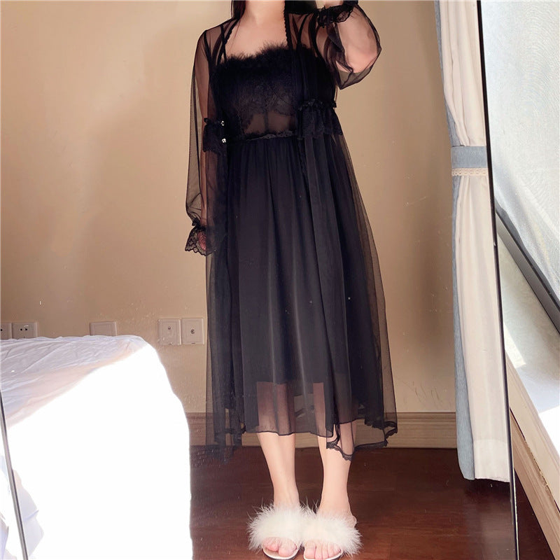 French Mesh Lace Cutout Sling Nightdress Two-piece Pajamas