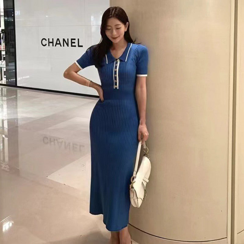 Short Sleeve Contrast Color Slim Fit Knitted Dress