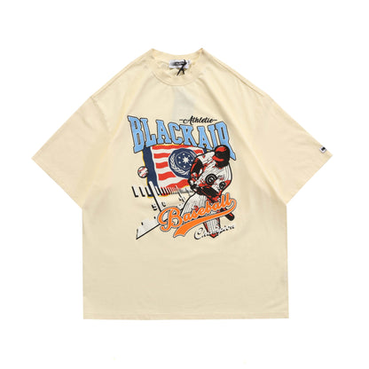 Camiseta holgada con estampado vintage de béisbol de manga corta desgastada lavada