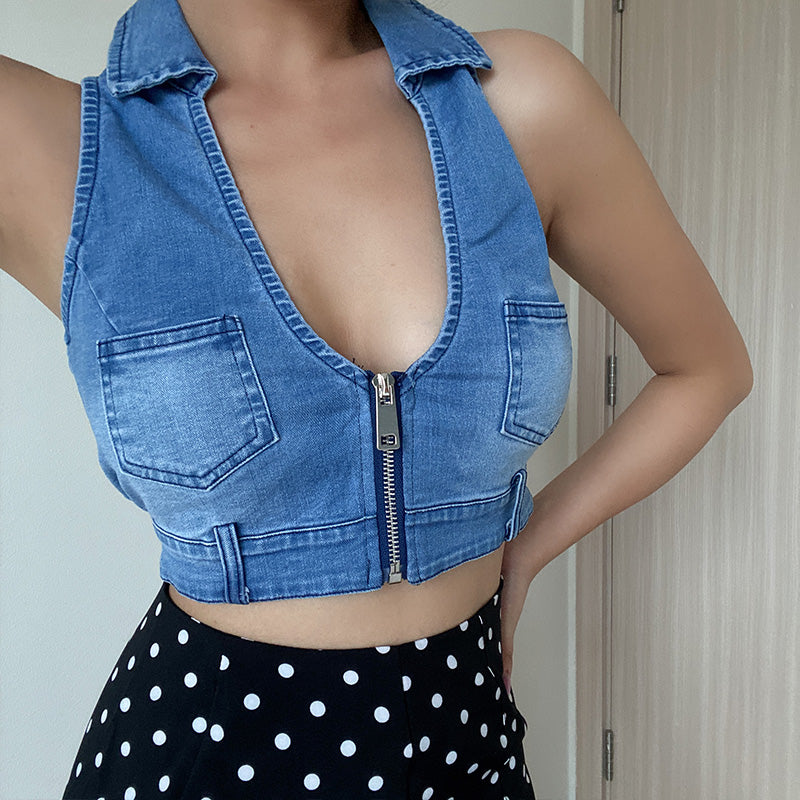 Top sin mangas con cremallera y bolsillo desgastado vintage con cuello en V profundo