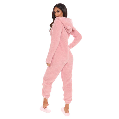 Pure Color Plush Hooded Long-sleeved Warm Home Jumpsuit With Ears