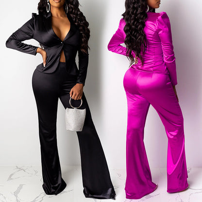 Ladies Sexy Suit Wide Leg Pants Two-piece Suit