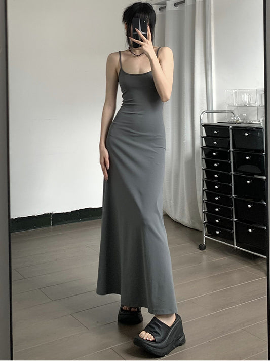 High-Waist Slimming Strap Dress, Solid Color Casual A-Line Knee-Length For Women