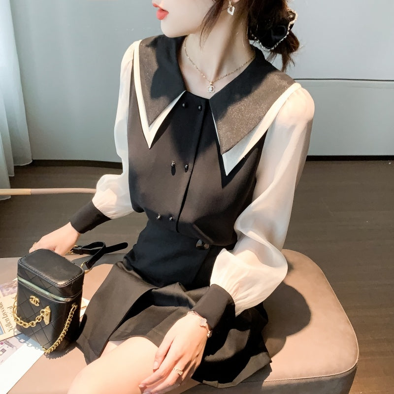 Han Fan Design Sense Chiffon Shirt Long Sleeve Autumn New Double Layer Baby Collar Top Black And White Blouse Fashion