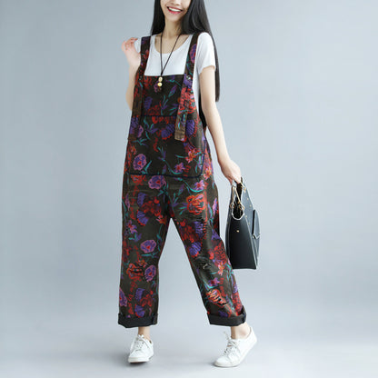 Print Distressed Big Crotch Ripped Pastoral Style Suspender Pants