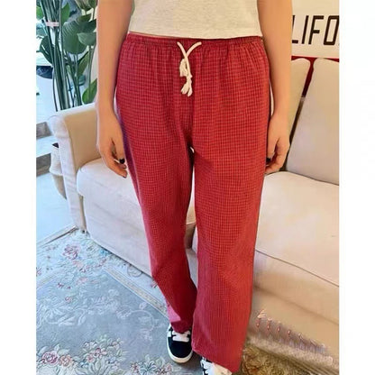 Pantalones casuales a cuadros rojos con cordón en la cintura sueltos y elásticos para mujer