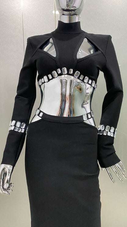 Shiny Rhinestone Hollow Top Sheath Long Belt Suit Dress