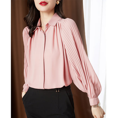 Chemise ample à manches longues en mousseline de soie pour femmes, manches bouffantes, à revers, à la mode