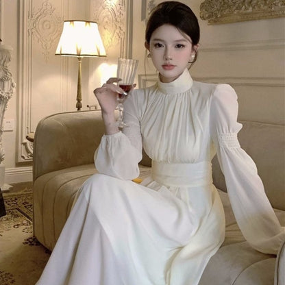 French White Half-high Collar Long Sleeves Dress