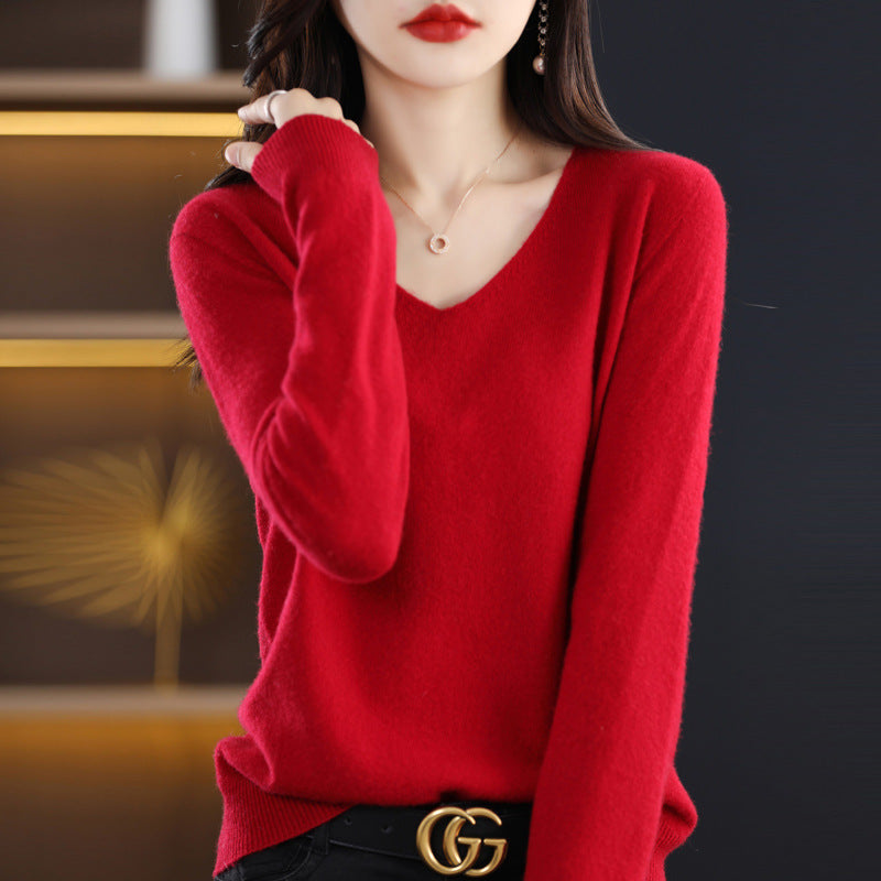 Women's Knitted New V-neck Pullover Sweater Wool Base Shirt