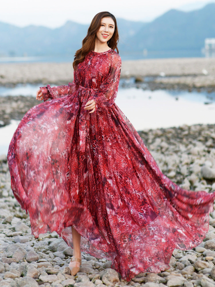 Vestido de gasa con estampado de leopardo Tallas grandes Verano Súper largo Hasta el tobillo