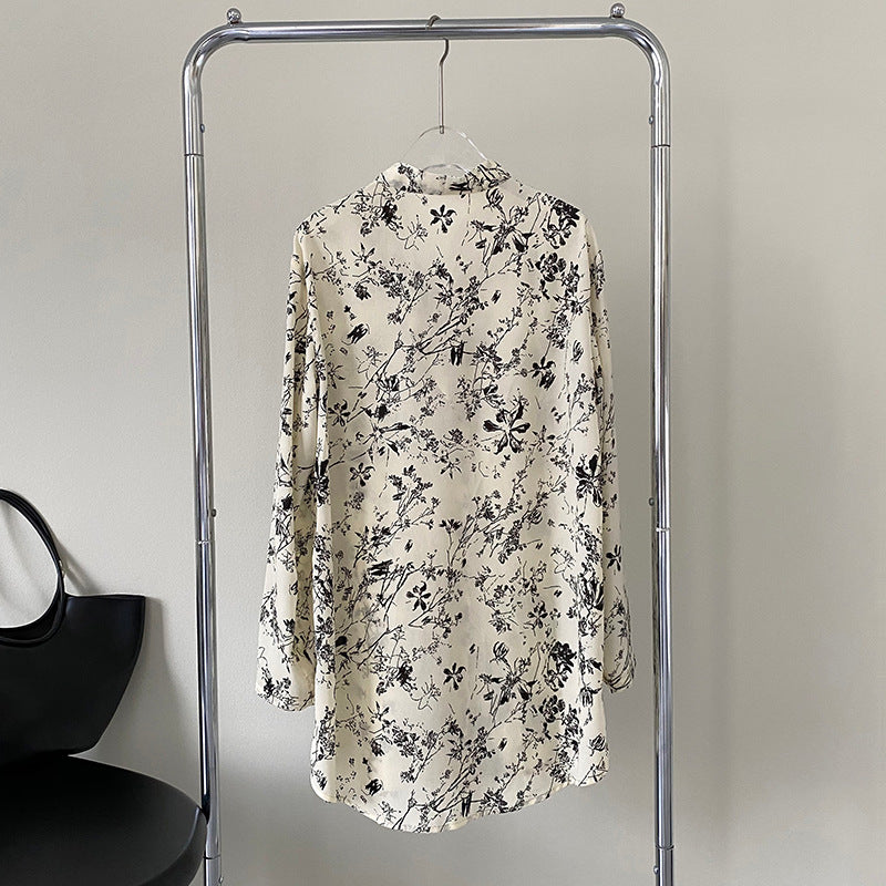 Ink Floral Mid Length Top Long Sleeve Shirt