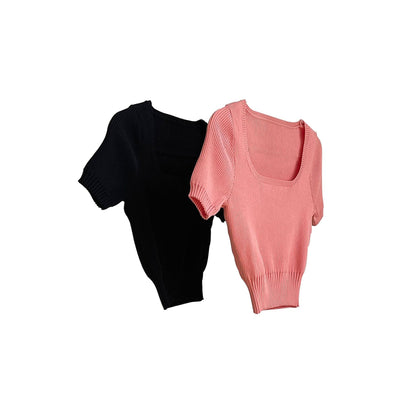 Bloggerstyle Fashionable Squareneck Short Navel Tshirt Slimming Shortsleeved Knitted Top Women