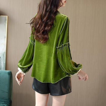 Fungus Long Sleeve Pleuche Top Female Loose Lace-up