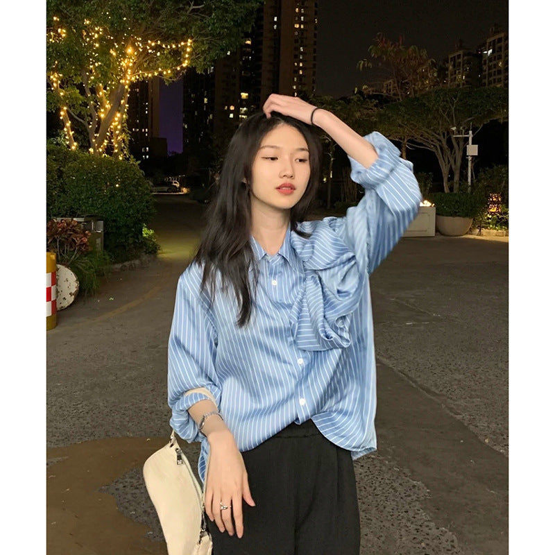 Casual Blue Striped Shirts For Women Lapel Long Sleeve Korean Bowknot Patchwork Blouses