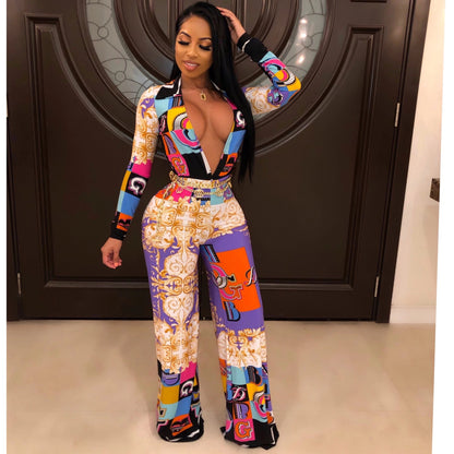 Fashion Digital Printing Long-sleeved V-neck Jumpsuit