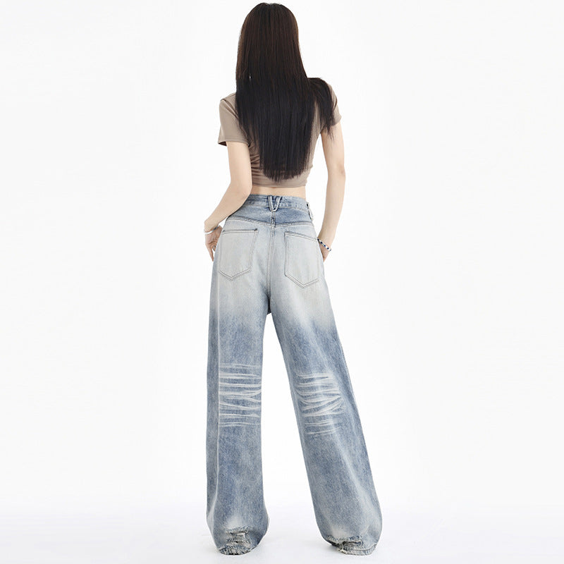 Denim de pierna recta blanco retro de moda para mujer