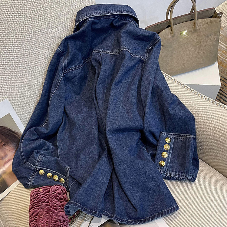 Hong Kong Style Retro Denim Shirt Female Autumn And Winter