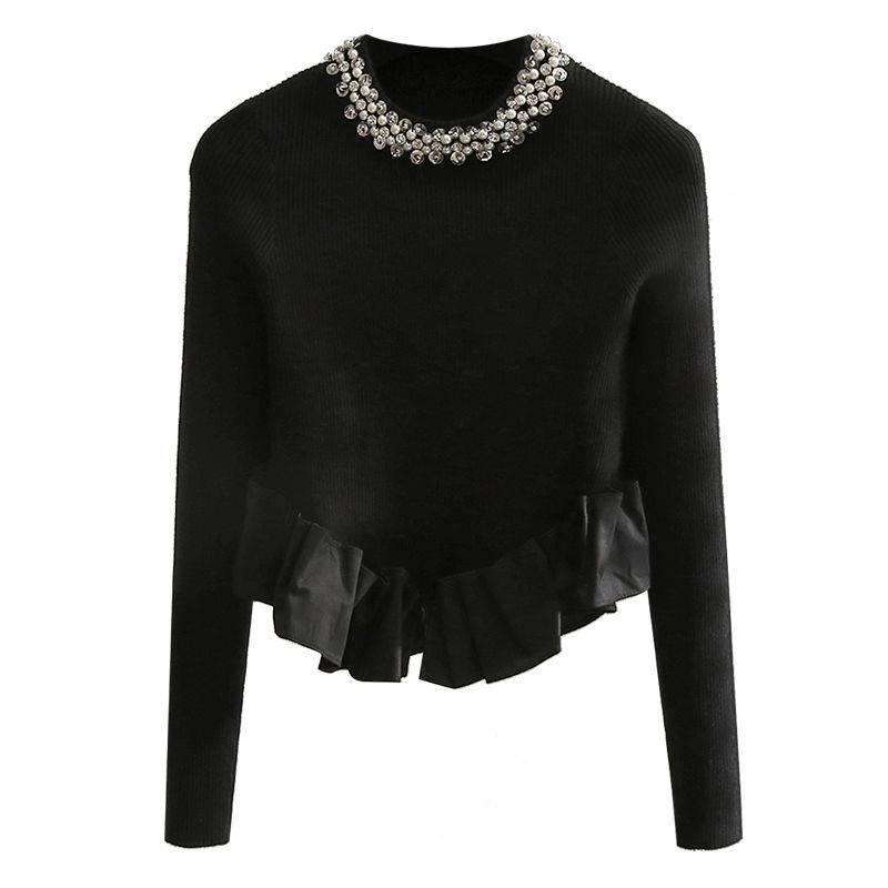 Beaded Design Sense Lace Stitching Black Temperament Sweater Top For Women