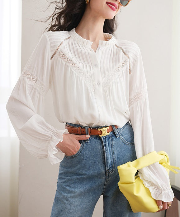 Chemise française avec coutures en dentelle pour femme, début du printemps