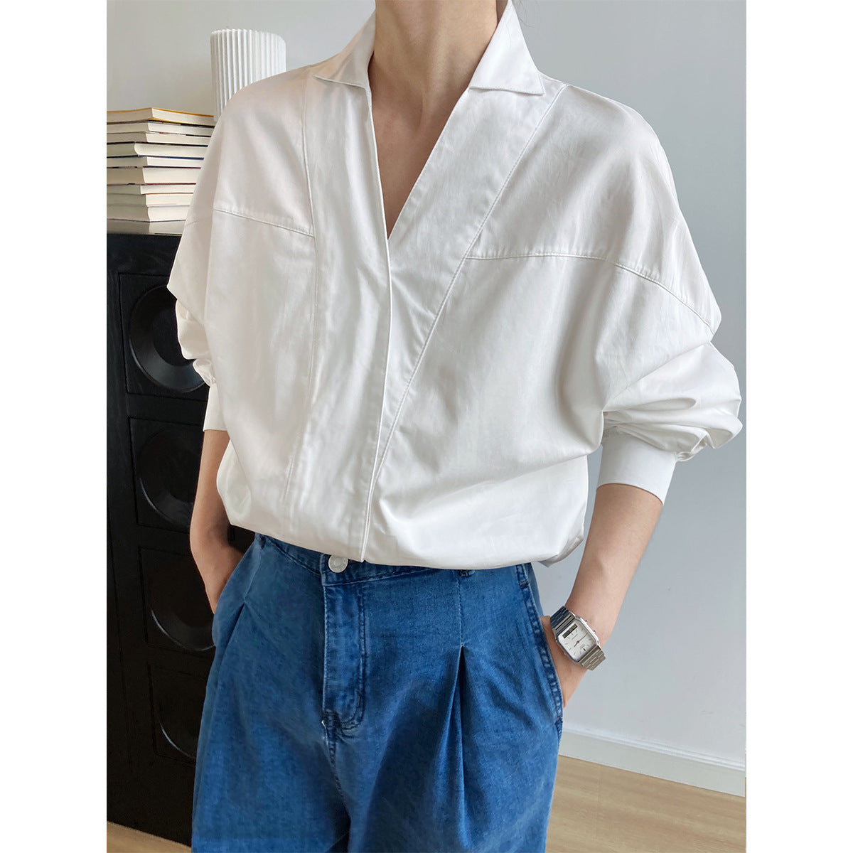 Retro Small Lapel Long-sleeved Women's Spring New Loose Silhouette Bat Sleeve Shirt