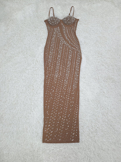 Net Drill Rhinestone Split Strap Dress