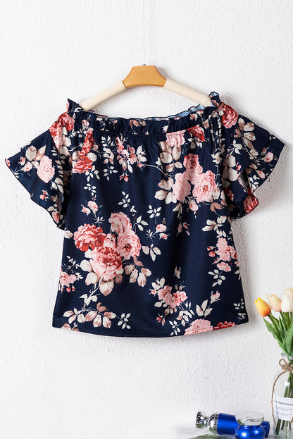 Blusa floral con volantes y hombros descubiertos y mangas con volantes azul